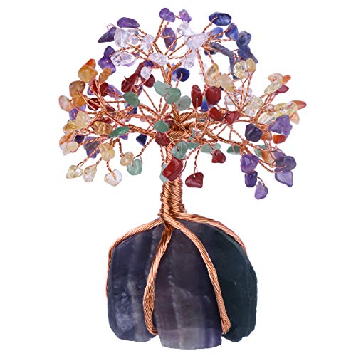 Nupuyai - Árbol de la vida - Figuras de árbol de cristal para decoración de casa, alambre de acero inoxidable, árbol para la curación de Fengshui Reiki, 7 piedras Chakra y base de fluorita, multicolor