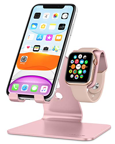 OMOTON 2 en 1 Soporte para iPhone y Apple Watch, Teléfono Móvil y Reloj Soporte de Aluminio Compatible con iPhone 12 Pro MAX 12 Mini 11 Pro SE 8 Plus y iWatch 5/4/3/2/1, Ahorra de Espacio, Oro Rosa