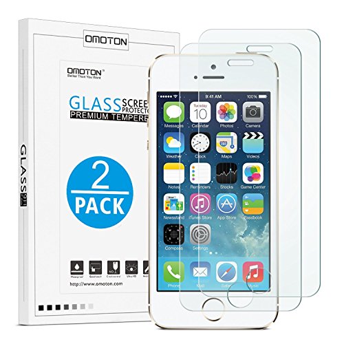 OMOTON Protector de pantalla de vidrio templado con borde redondo 2.5D, resistente a los arañazos para iPhone SE, 5S, 5C y 5 [2 paquetes] [Transparente]
