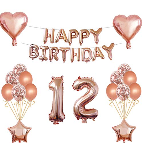 Oumezon Decoración de cumpleaños para niña, color oro rosa, 12 años, guirnalda de cumpleaños para niñas y jóvenes, globos con confeti