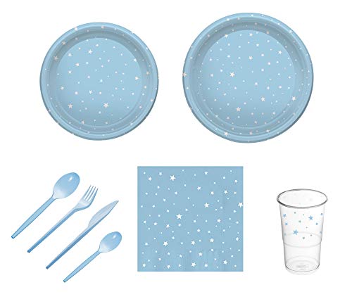 Pack para Fiesta Infantil o cumpleaños con diseño de Estrellas - Color Azul - Set de vajilla de plástico para 12 Personas - 120 Piezas