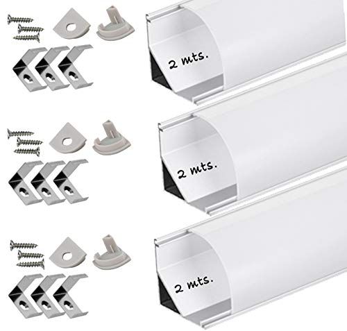 Perfil de aluminio para tira de LED con difusor opaco PACK 6 metros con soporte de montaje angular L, barra de aluminio led [Clase de eficiencia energética A]