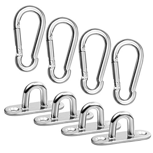 Placa de Ojo (4pcs) y Mosquetón (4pcs) - (4,5x1,5cm) Acero Inoxidable Ganchos de techo (5x2,2cm) con Mosquetón para Cuerda Plataforma, Senderismo, Pesca, Equipo Exteriores y Cámping - Capacidad 40Kg Placa de Ojo (4pcs) y Mosquetón (4pcs) - (4,5x1,5cm) Acero Inoxidable Ganchos de techo (5x2,2cm) con Mosquetón para Cuerda Plataforma, Senderismo, Pesca, Equipo Exteriores y Cámping - Capacidad 40Kg