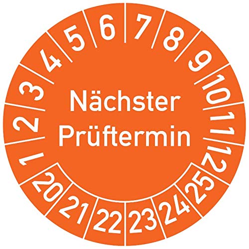 Plaquetas de prueba para la siguiente fecha de prueba, 500 unidades, en diferentes colores y tamaños, etiqueta de prueba, sello de prueba, 25 mm Ø, naranja, 500
