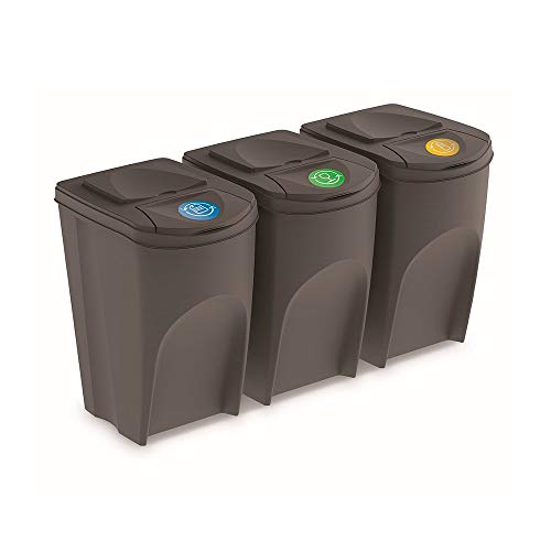 Prosperplast Juego de 3 Cubos de Reciclaje 105L Sortibox de plastico en Color Gris, Grandes