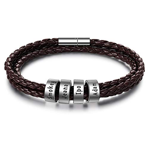 Pulsera Personalizada con 2 a 5 Nombres Grabado Pulsera de Cuero Trenzado Mujeres BFF Pulseras de Amistad Regalo para Cumpleaños de San Valentín (marrone 4 nombres, Acero inoxidable)