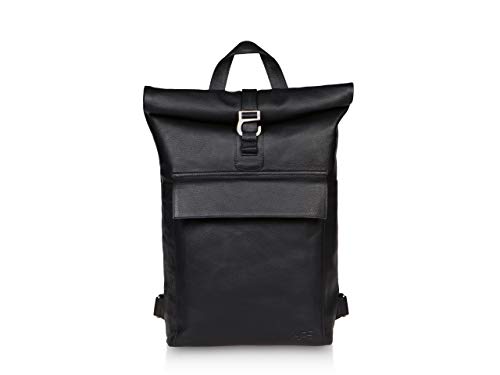 PURE Leather Studio Mochila roll-top de cuero POLIS - Piel auténtica para mujer y hombre 16-20 L I Mochila enrollable para ordenador portátil hasta 16" negra