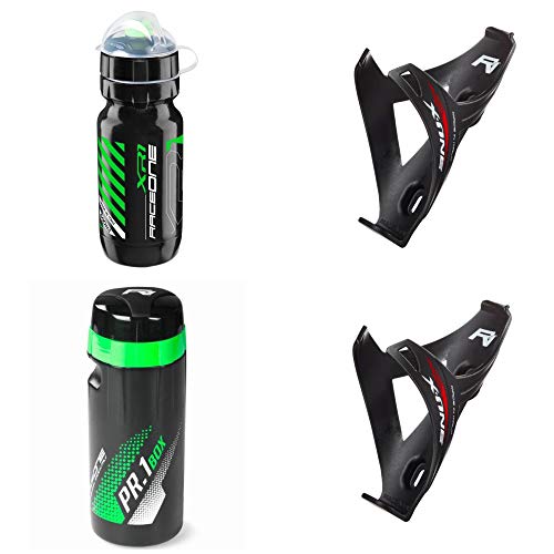 Raceone.it - Kit Race Trio X1 Matt (4 PCS): 2 Porta Bidon X1 + Bidon de Ciclismo XR1 + Toolbox PR1 Bici Carrera de Ruta/Bicicleta de Montaña MTB/Gravel Bike. Color: Negro/Verde 100% Made IN Italy