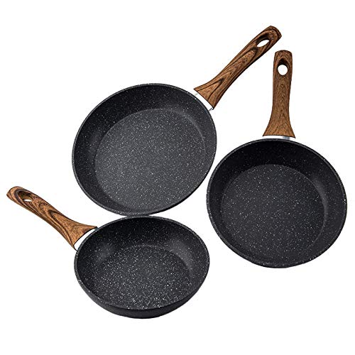 RAINBEAN Juego de sartén de 3 Piezas, Sartén Antiadherente Para Woks, Sartén de Aluminio Forjado de 18cm 20cm 24 cm, Mango Ergonómico de Baquelita con Efecto de Madera Resistente al Calor, Sin PFOA