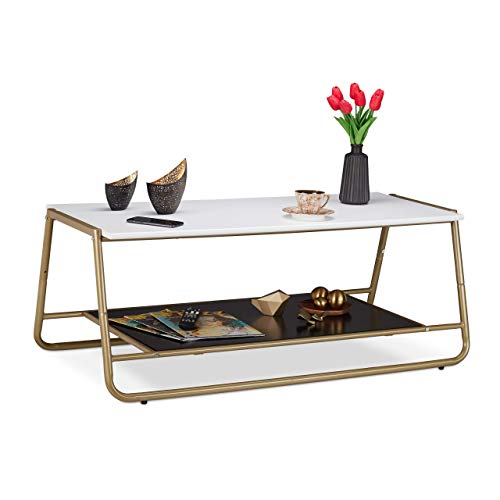 Relaxdays Mesa Centro Salón con Patas Metálicas, Decorativa y Moderna, DM y Metal, 42 x 100 x 55 cm, Blanco-Negro-Dorado Relaxdays Mesa Centro Salón con Patas Metálicas, Decorativa y Moderna, DM y Metal, 42 x 100 x 55 cm, Blanco-Negro-Dorado