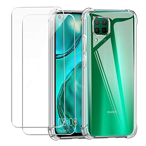 Reshias Funda para Huawei P40 Lite con Dos Cristal Templado Protector de Pantalla,Suave TPU Transparente Gel Silicona Anti-caída Anti-arañazos Protectora Carcasa para Huawei P40 Lite (6.4 Pulgadas)