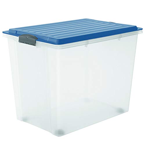 Rotho Compact, Caja de almacenamiento 70l con tapa y ruedas, Plástico PP sin BPA, azul, transparente, A3, 70l 57.0 x 39.5 x 43.5 cm