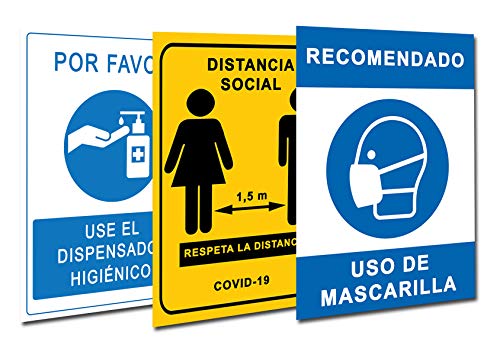 Señalización Coronavirus COVID19 | Pack 3 Carteles Dispensador Gel + Distancia Social + Mascarilla | Señales para Tiendas, Negocios, Locales | 21 x 30 cm | Descuentos por Cantidad