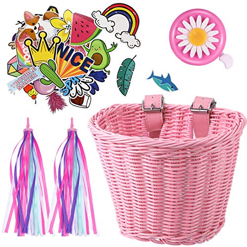 Set de Serpentinas Cesta de Bicicleta de Niños, Cesta de Mimbre de Manillar de Bicicleta con Campana Serpentina Colorida y Pegatinas, Kit de Accesorios de Decoración de Bici (Rosa)