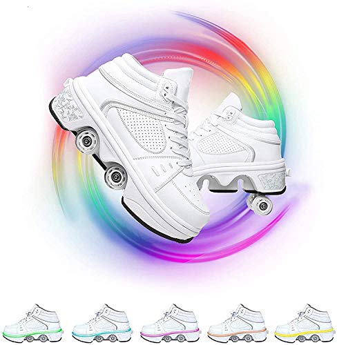 SHHAN Zapatos Luminosos Zapatos De Polea Patines De Hielo Zapatos De Deformación Multifuncionales Calzado Deportivo Ruedas Tira 4 Modos Y 7 Colores Unisexo,37