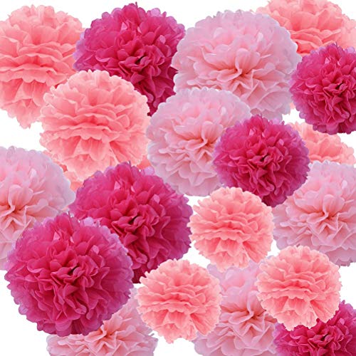 Sicai - Juego de 27 pompones de papel de seda colgantes para decorar bodas o fiestas de cumpleaños, de color fucsia, rosa claro y rosa