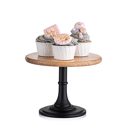 Soporte de Postre de Pastel de Madera con Base Negro Mate, Soporte de Cupcake Redondo de 21cm, Placa de Exhibición de Pedestal para Fiesta de Cumpleaños de Boda