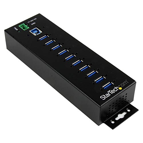 StarTech.com Hub Concentrador Ladrón USB de 10 Puertos con Adaptador de Corriente - Protección contra Descargas - Hub Industrial de Montaje en Pared Riel DIN o Mesa - Hub USB 3.1 Gen 1 de 5Gbps