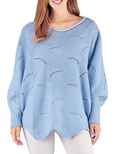 Suéter de Punto Suelto Hollow con Mangas de murciélago para Mujer, Casual, con Dobladillo Irregular, suéter con Dobladillo - Azul Cielo - Small