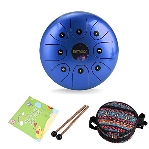 Tambor de Lengua de Acero, ammoon 5.5 Pulgadas Tongue Drum Un Regalo Especial de Instrumentos Musicales, Tratamiento de Sonido, con Bolsa, Baqueta, Partitura, Tambor de Lengua(azul)