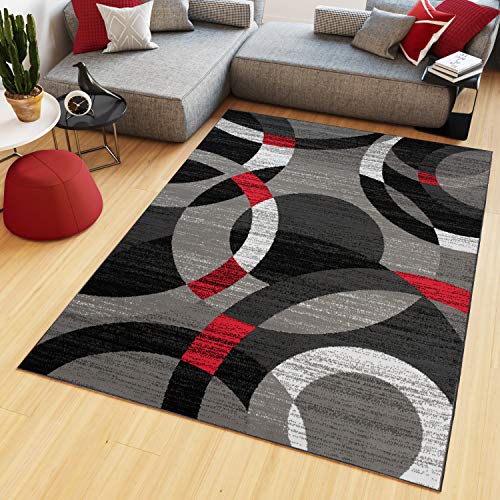 Tapiso Maya Alfombra de Salón Sala Comedor Diseño Moderno Gris Negro Rojo Blanco Geométrico Círculos Delgada 200 x 300 cm