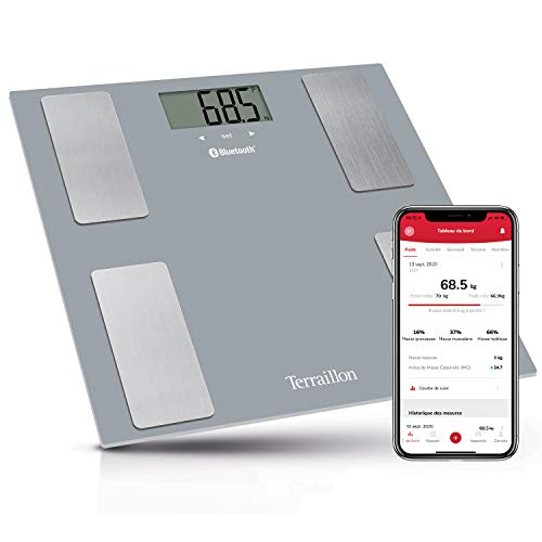 Terraillon Smart Connect, báscula con anómetro Bluetooth, hasta 8 usuarios, gran bandeja de cristal, peso máximo 160 kg, 1 unidad