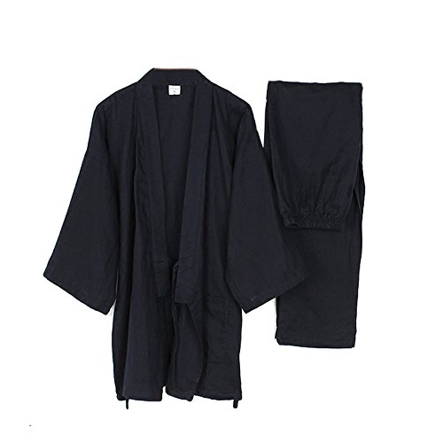 Trajes de Estilo japonés de los Hombres Traje de Pijama de Kimono Fino Conjunto de meditación-Azul Marino-Talla M