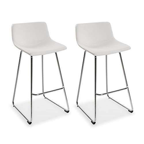 Versa 21330015 Set 2 Taburetes de Bar Plymouth Color Blanco con Asiento Fijo de Polipiel y Patas de Metal en Color Plateado 92 x 43 x 48 cm