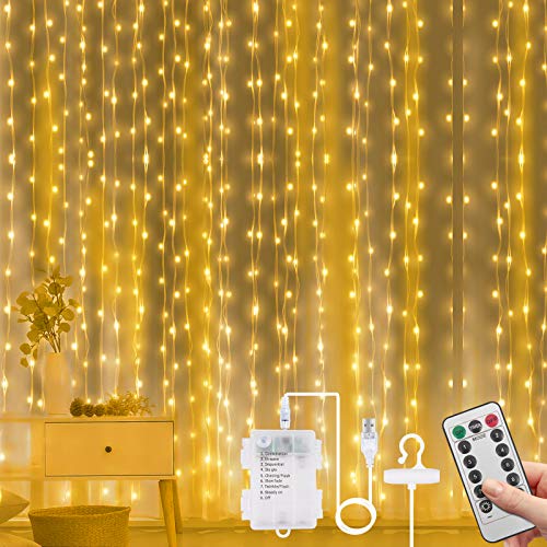 Vicloon Luz Cadena Luz de Cortina USB, 3m*3m 300 LED Cortina de Luces Navidad, 8 Modos de Luz con Control Remoto, Impermeable Cadena de Luces para Decoración Ventana, Interiores, Navidad, Fiestas