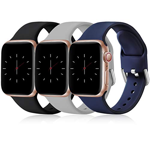 Wepro 3 Pack Correas Compatible con Apple Watch Correa 38mm 42mm 40mm 44mm, Correa de Silicona Suave de Repuesto Compatible con iWatch Series 6, 5 4 3 2 1, SE, 38mm/40mm-S/M, Negro/Gris/Azul