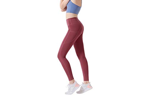 Yogas Leggings de entrenamiento para mujer con bolsillos, cintura alta, pantalones de longitud completa, control de barriga, pantalones elásticos de 4 vías para mujer - rojo - Large