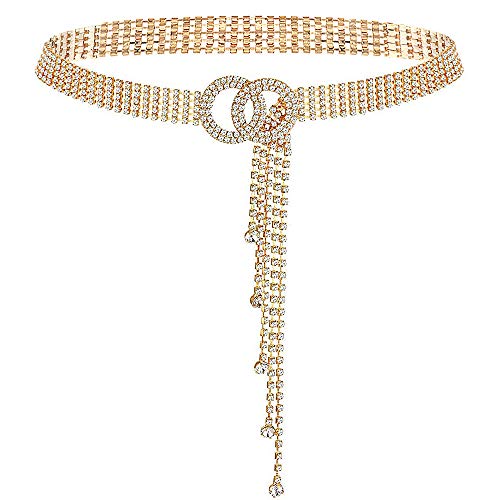 YooAi Cinturón De Cintura De Cristal para Mujer Cinturón De Cadena con Diamantes De Imitación Cinturón De Cintura con Anillo En O para Vestido Dorado 135cm