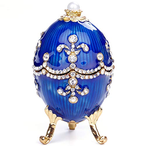 ZJL220 Organizador de joyas, pintado a mano, diseño de huevo de Fabergé, pintado a mano, figura esculpida de estilo vintage, caja decorativa con bisagras (azul)