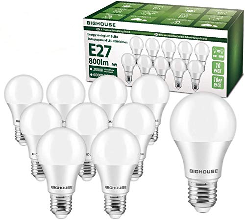 10 bombillas LED E27, 9 W, 800 lúmenes, repuesto para bombillas halógenas de 60 W, 6000 K, luz blanca fría, A60, 220-240 V CA, 10 unidades