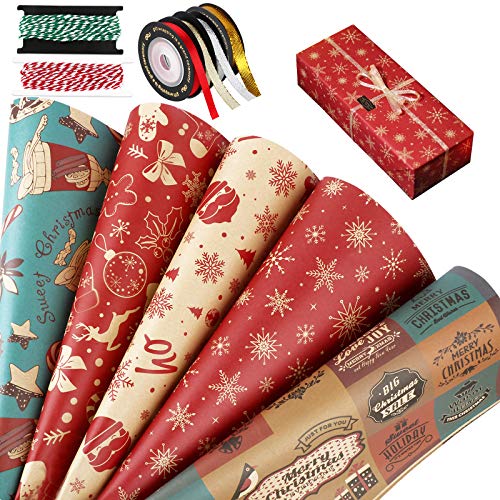 10 Hojas Papel para Envolver Regalos Navidad 75 x 51cm Papeles Envoltura de Colores + 4 Rollos Cintas y 2 Rollos Cuerdas