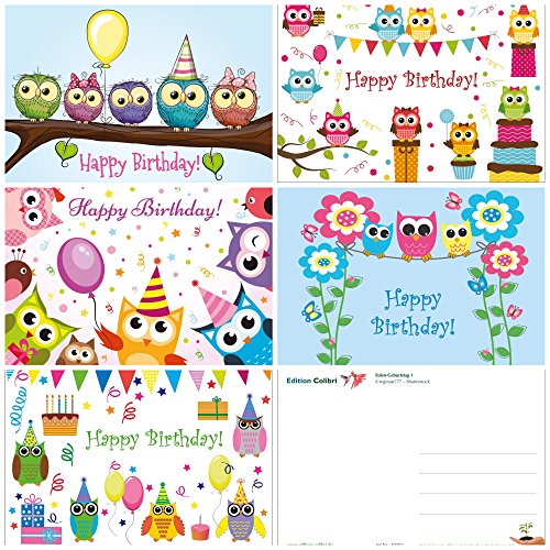 10 tarjetas de cumpleaños Búhos en 10 unidades (5 diseños x 2 St.) en formato a 6 para niños de Edition Colibri (10702 – 06)