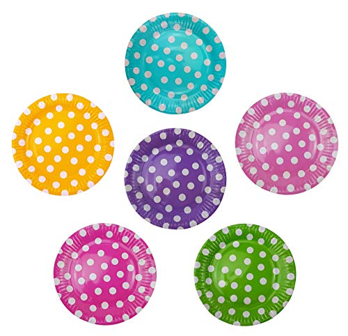 36 platos de papel de 23 cm de diámetro, multicolor, con lunares, redondos, aptos para alimentos, revestidos, 6 de color azul, verde, amarillo, rosa, morado y rosa.