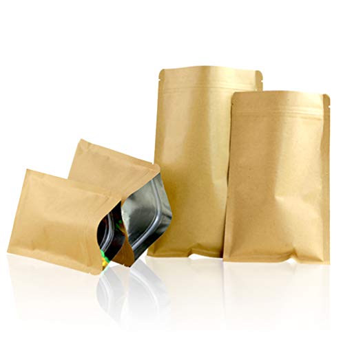 50 bolsas de papel kraft de aluminio color marrón con cierre de ziplock repelente para almacenamiento de alimentos 15CM x 21CM N