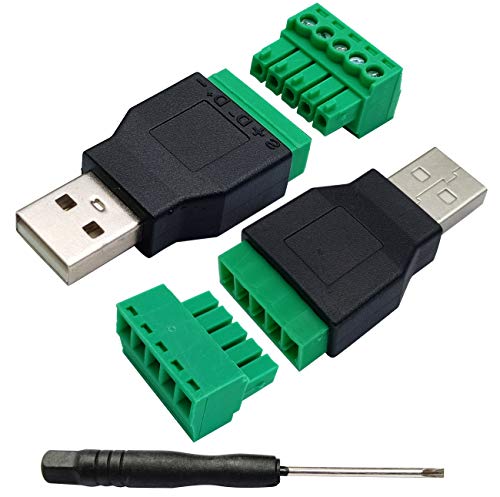 AAOTOKK USB 2.0 A Adaptador Bloque Terminales Tornillo USB 2.0 A Macho a 5 Pines Hembra Terminales Protección Tornillo Perno Conector Enchufable para Carga y Transferencia Datos(2 Unidades/Macho)