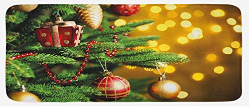ABAKUHAUS Navidad Tapete para Cocina, Cerrar un árbol borrosa, con Superficie de Felpa Estampada Dorso Antideslizante, 48 cm x 120 cm, Ámbar Verde Rojo