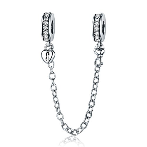 Abalorio con cadena de seguridad en plata de ley 925, compatible con pulseras Pandora, cierre de clip, cadena de eslabones, abalorios para mujer