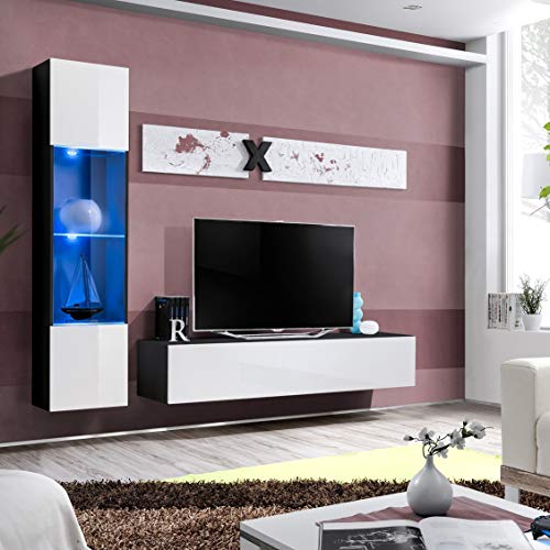 ASM Air G3 - Mueble de pared de 210 cm de ancho con pulsador para puertas de cristal, soporte flotante para TV, luces LED de alto brillo, color negro y blanco