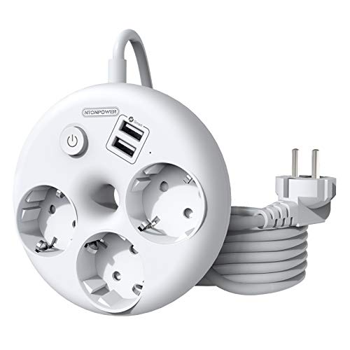 Bagel Regleta de Montaje en Pared con 3 Metros de Cable y Protección contra Sobretensiones, NTONPOWER Regleta de 3 Tomas, Cable Largo, Enchufe Múltiple con Interruptor e Indicador, Enchufe Europeo Bagel Regleta de Montaje en Pared con 3 Metros de Cable y Protección contra Sobretensiones, NTONPOWER Regleta de 3 Tomas, Cable Largo, Enchufe Múltiple con Interruptor e Indicador, Enchufe Europeo