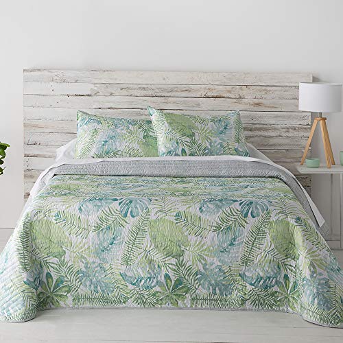 Barceló Hogar - Colcha Boutí Acapulco, Estampada y Reversible, Cama de 150 cm, Medida 250x270 cm, Color Verde, Funda de Cojín Incluida, Esquinas Redondas.