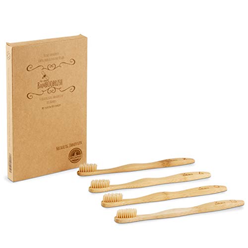 BeeClean - Cepillos de dientes manuales para adultos Bamboobrush, ecológicos y de madera sostenible 100 % de bambú, con cerdas naturales de dureza media y embalaje biodegradable (pack de 4)