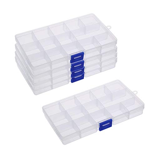 BELIOF 5 Pcs Caja Plástica del Compartimiento para Joya Cajas Organizadoras con 15 Compartimentos Contenedor de Herramientas Plástico Transparente de la joyería Organizadores con 15 Separadores