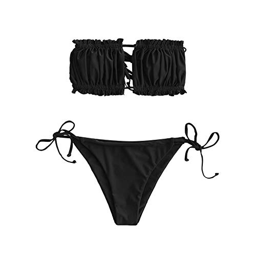 Bikini Zaful sin tirantes para mujer, escote con volantes, estilo bandana, juego de ropa de baño negro (schwarz 2) S