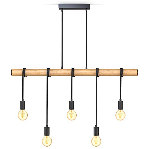 B.K.Licht 5 llama lámpara colgante I metal y madera I E27 I negro mate I lámpara colgante vintage I lámpara colgante retro I sin bombilla B.K.Licht 5 llama lámpara colgante I metal y madera I E27 I negro mate I lámpara colgante vintage I lámpara colgante retro I sin bombilla
