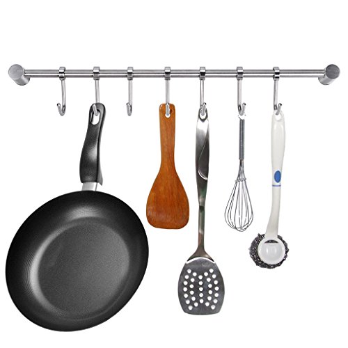 BTSKY Barra con Colgador de Acero Inoxidable Organizador de Utensilios en Cocina Fácil Montado en Pared 7-Ganchos para Colgar Olla Sartén Cucharón