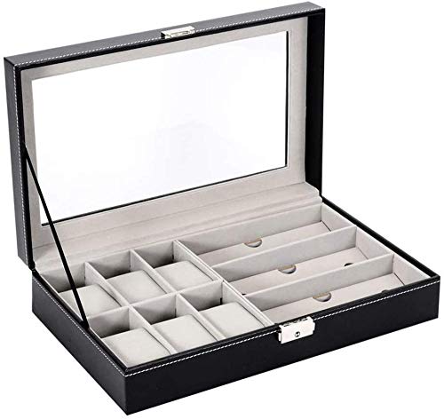 Caja de reloj – 9 ranuras para relojes y joyas, caja de almacenamiento para pulsera, bandeja de piel sintética, organizador de reloj negro